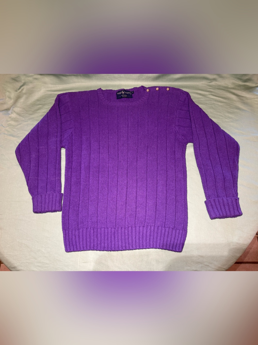 Ralph Lauren Purple Ribbed Crewneck Sweater with Button Detail